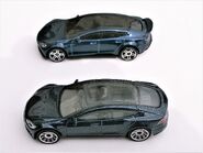 Tesla Model S, Hot Wheels and Matchbox comparison. Hot Wheels top, Matchbox bottom. Facing Left.