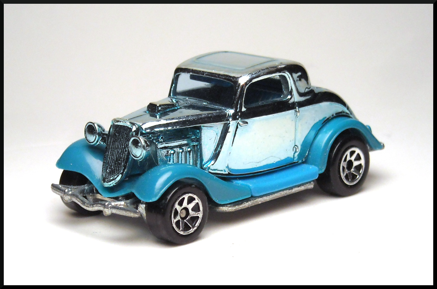 HOTWHEELS 3SP METALLIC SILVER FLAMED 3 WINDOW '34 FORD COUPE MADE IN MALAYSIA 