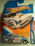 2011 HW RACING SERIES '57 Chevy- White w/Blue Stripes; Transparent Blue Interior; Chrome Bottom.