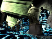 A statue-lined hallway enveloped by portals.