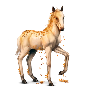 young pastel orange foal encrusted with topaz gems, some crumbling off as he stands with his front left leg raised