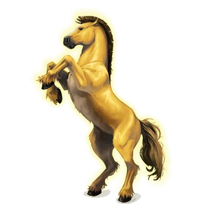 golden horse with clipped dark mane and dark tail, standing up on its hind legs