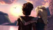 Hiccup and Astrid watching Heather leaving