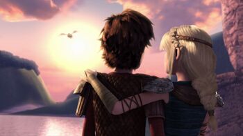 Hiccup and Astrid watching Heather leaving