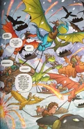Frey is seen at the bottom middle riding a brown Dragon, in green clothes