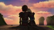 Hiccup and Astrid with their arms around each other