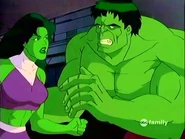 She-Hulk telling her cousin to give her some space so that she could make one final powerful attack in order to defeat Dr. Doom