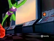 She-Hulk dodges Dr. Doom's desperate laser blast as she jumps forward in order to strike him down once and for all