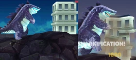 Rises up from out of the water, almost reminiscent of a certain scaly kaiju, starts walking, destroying everything in his path, leaving a path of destruction in his wake.