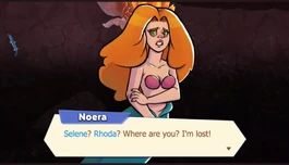 Noera in-game, with Magmajira in the background.