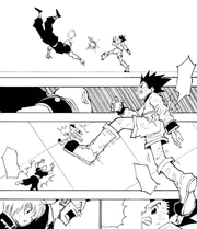Gon kicking Hanzo in the face