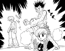 Biscuit congratulating Gon and Killua on their Ren training
