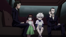 Amane and Gotoh escorting out Killua and Alluka