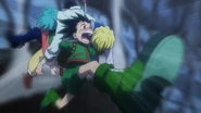 Gon escapes from the cave with Kurapika, Leorio, and Ponzu