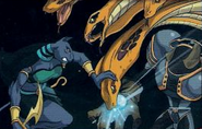 A Sekhmet uses a Mucalin as a weapon to defeat a Freelancer Titan.