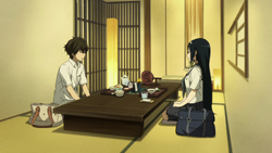 Houtarou and Fuyumi drink tea