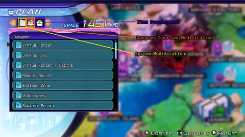 Plan creation menu in Hyperdimension Neptunia Re;Birth 2.