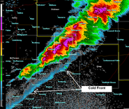 Radar image of severe thunderstorms and cold front over Marion County, Kansas