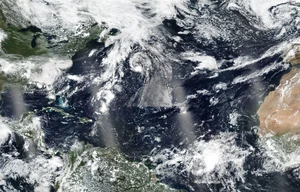 Three active tropical cyclones active over the Atlantic on September 2, 2024. From left to right, there is Helene, Eleven, and Joyce all active.