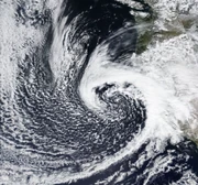 Storm Gianna (right) absorbing the remnants of Storm Felix (top-left) late on March 29.