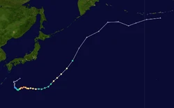 Map plotting the track and intensity of Typhoon Luc-Binh, according to a custom variant of the Saffir-Simpson hurricane wind scale.