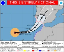 Advisory on Arlene at 12:00 UTC August 9th, 9 hours before landfall in Porto Santo.