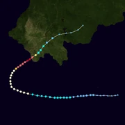 Map plotting the storm's track and intensity, according to the Finolian hurricane scale