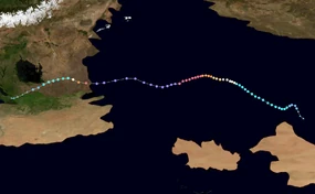 Map plotting the storm's track and intensity, according to the Map key


&nbsp;&nbsp; Tropical&nbsp;depression (≤38&nbsp;mph,&nbsp;≤62&nbsp;km/h)
&nbsp;&nbsp; Tropical&nbsp;storm (39–54&nbsp;mph,&nbsp;63–87&nbsp;km/h)
&nbsp;&nbsp; Category&nbsp;1 (74–95&nbsp;mph,&nbsp;119–153&nbsp;km/h)
&nbsp;&nbsp; Category&nbsp;2 (96–110&nbsp;mph,&nbsp;154–177&nbsp;km/h)
&nbsp;&nbsp; Category&nbsp;3 (111–129&nbsp;mph,&nbsp;178–208&nbsp;km/h)
&nbsp;&nbsp; Category&nbsp;4 (130–156&nbsp;mph,&nbsp;209–251&nbsp;km/h)
&nbsp;&nbsp; Category&nbsp;5 (≥157&nbsp;mph,&nbsp;≥252&nbsp;km/h)



Storm type

