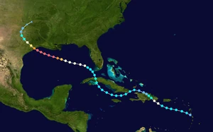 Map plotting the storm's track and intensity, according to the Map key


&nbsp;&nbsp; Tropical&nbsp;depression (≤38&nbsp;mph,&nbsp;≤62&nbsp;km/h)
&nbsp;&nbsp; Tropical&nbsp;storm (39–54&nbsp;mph,&nbsp;63–87&nbsp;km/h)
&nbsp;&nbsp; Category&nbsp;1 (74–95&nbsp;mph,&nbsp;119–153&nbsp;km/h)
&nbsp;&nbsp; Category&nbsp;2 (96–110&nbsp;mph,&nbsp;154–177&nbsp;km/h)
&nbsp;&nbsp; Category&nbsp;3 (111–129&nbsp;mph,&nbsp;178–208&nbsp;km/h)
&nbsp;&nbsp; Category&nbsp;4 (130–156&nbsp;mph,&nbsp;209–251&nbsp;km/h)
&nbsp;&nbsp; Category&nbsp;5 (≥157&nbsp;mph,&nbsp;≥252&nbsp;km/h)



Storm type
