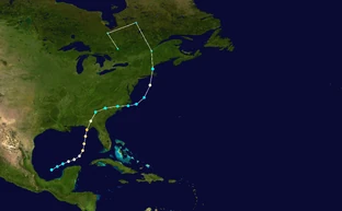 Map plotting the track and the intensity of the storm, according to the Saffir–Simpson scale