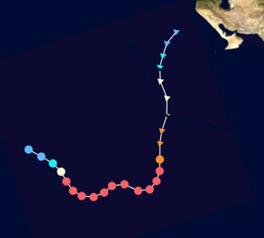 Map plotting the storm's track and intensity, according to the Saffir–Simpson scale