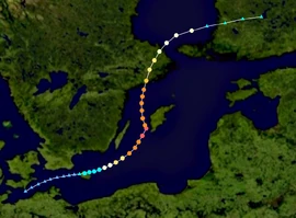 Map plotting the track and the intensity of the storm, according to the Saffir–Simpson scale