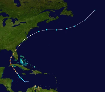Map plotting the track and the intensity of the storm, according to the .