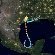 Map plotting the track and the intensity of the storm, according to the .