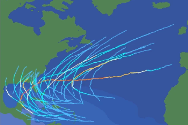 Map of the 1928 Atlantic Hurricane season done by a simulation software from remains of hurricane tracking manuscripts