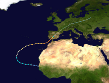 Map plotting the track and the intensity of the storm, according to the Saffir–Simpson scale