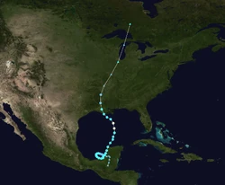 Map plotting the track and intensity of Hurricane Dolly, according to the Saffir-Simpson scale.