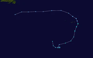 Map plotting the track and the intensity of the storm, according to the 