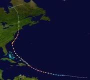 Map plotting the track and the intensity of the storm, according to the Saffir–Simpson scale