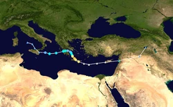 Map plotting the track and intensity of the storm, according to the Saffir–Simpson scale