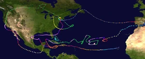 Map plotting the track and intensity of the storm, according to the 