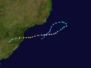 Map plotting the track and the intensity of the storm, according to the Saffir–Simpson scale