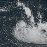 Severe Tropical Storm Kasey late on November 11th, still presenting an unusual structure with a strong frontal-like band, and strong central convection, with winds reaching 65 mph and a pressure of 985 mbar.