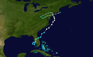 Map plotting the track and the intensity of the storm, according to the 
