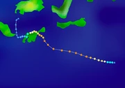 Map plotting the track and intensity of the storm, according to the .