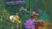 A image of two players swimming in an unknown body of water, note the lobster in the shot