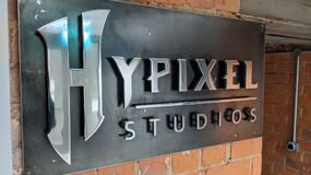 The Hypixel Studios logo sign at their headquarters.