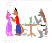 The second drawing to feature more than one character (and the first one from the complete side). From left to right: Diane, Syrsa, and Keroa. Back story: Syrsa and Keroa went on a date and Diane and Syrsa had an eating contest, and Keroa got embarassed... This took a total of 13 and a 1/2 hours to complete. Turned out good, though! 8/07-8/12 12:34 AM