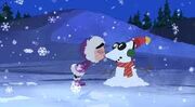 Izzy kissing phineas snowman