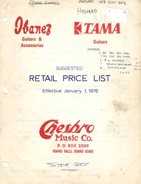 1976 Chesbro-Ibanez price list front-cover
